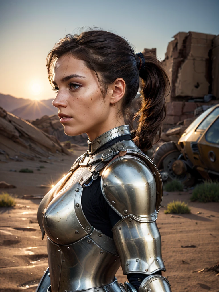 Side view, (best quality, masterpiece, highest detailed), (photorealistic:1.2), (detailed light:1.2), (Realistic skin texture:1.4), raw photo, fallout theme, beautiful brunette, athletic build, ponytail hairstyle, muscular body, in  fantastic armor, black exoskeleton, posing in a gloomy desert, looking at the viewer, post-apocalyptic landscape
