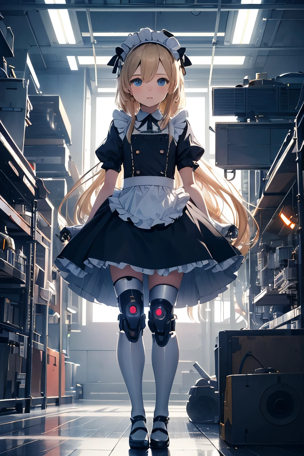   girl ,girl 12 year old  , mechanical face , futuristic maid dress ,flat  chest ,long blonde hair frinje ,( body), mechanic-headband, blue leds ,blue  light auréola,   quality, 8k ,maid uniform , Cyborg arms. Mechanical Limbs Metal,  Mechanical legs .Power cablles conected in machine. Circuitos. 