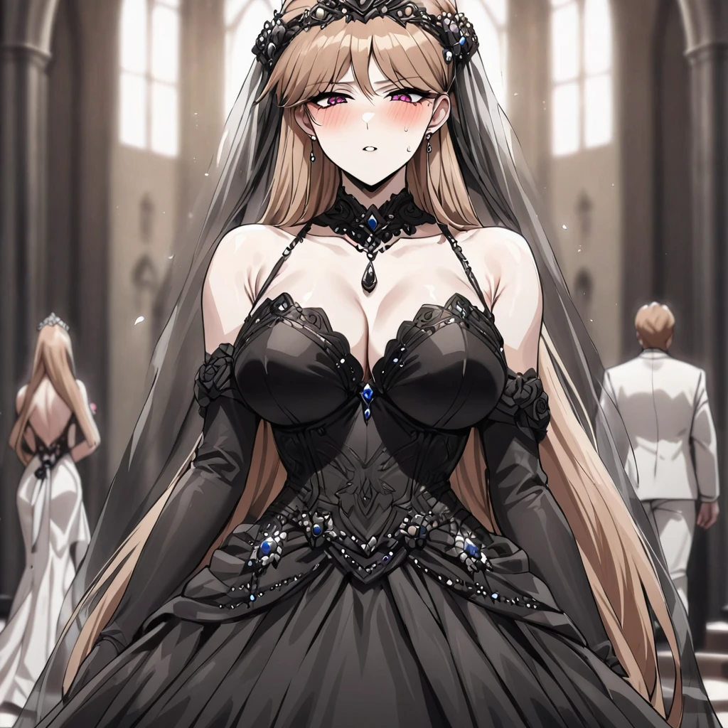 ((Highest quality)), ((masterpiece)), (detailed), (Perfect Face)、The woman is Princess Leona, with long light brown hair, and is wearing a lavishly jeweled, seductive black wedding dress and a black wedding veil, the epitome of an evil bride.、In a luxurious church wedding hall, a woman is getting married, embracing the arm of a dignified and powerful middle-aged evil emperor dressed in a luxurious black outfit.、The woman has long hair