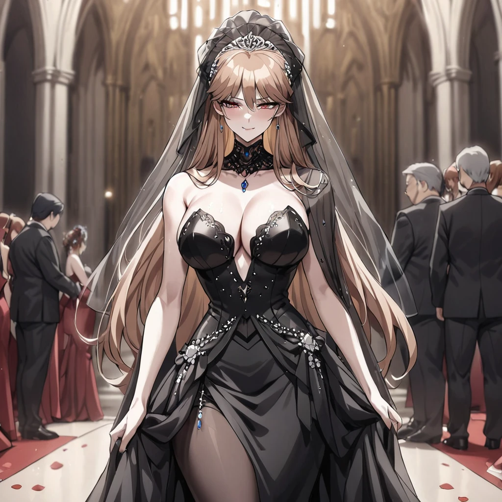 ((Highest quality)), ((masterpiece)), (detailed), （Perfect Face）、The woman is Princess Leona, with long light brown hair, and is wearing a lavishly jeweled,  black wedding dress and a black wedding veil, the epitome of an evil bride.、In a luxurious church wedding hall, a woman is getting married, embracing the arm of a dignified and powerful middle-aged evil emperor dressed in a luxurious black outfit.、The woman has long hair