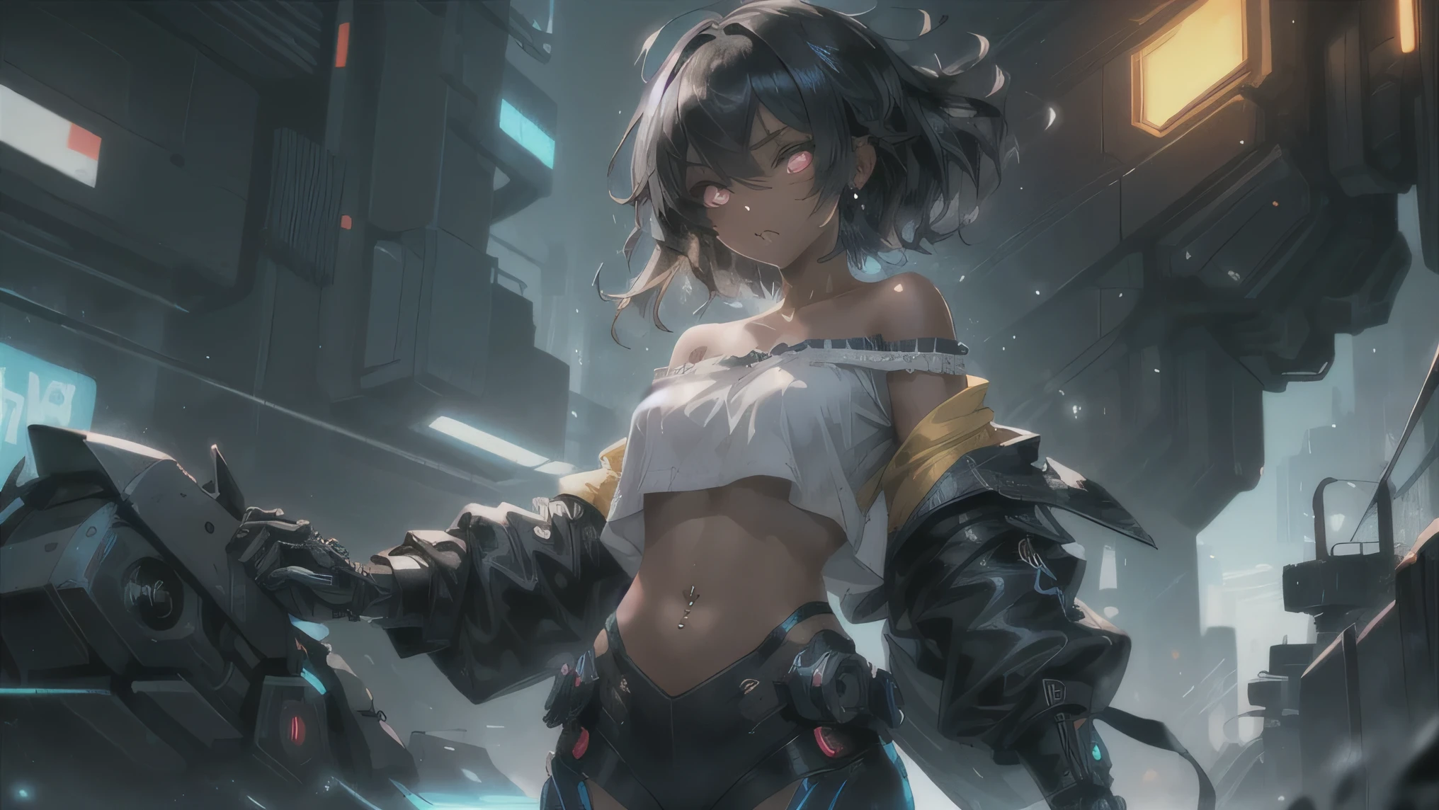 masterpiece, dynamic pose, a gorgeous (dark skin) girl over a future cityscape, depth of field, oversized shirt, off one shoulder, (shiny skin:1.4), cold lighting, detailed face, clear eyes, depth of field, messy hair, (intricate), machines, navel piercing, shy, mechanical parts, mechanical legs, glowing eyes, detailed eyes, detailed background, neon trim, neon lights