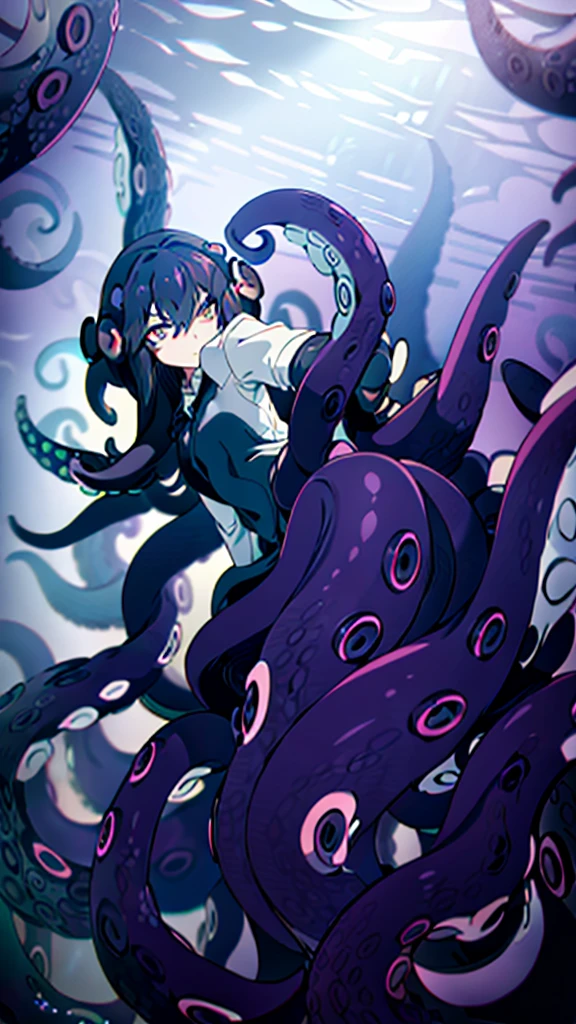 ((best quality)), ((highly detailed)), absurdres, (detailed eyes),1girl,20 years old,solo,long hair,Dark purple hair,(((white shirt,black standart tie,black skirt))),dynamic pose, cowboy shot, (((scylla))), (((octopus girl))), standing, (tentacles:1.33), (suction cups:1.33), (fused:1.33), ((tentacle legs)), squidlegs, ((underwater,sea,night)),leaning forward, serious,