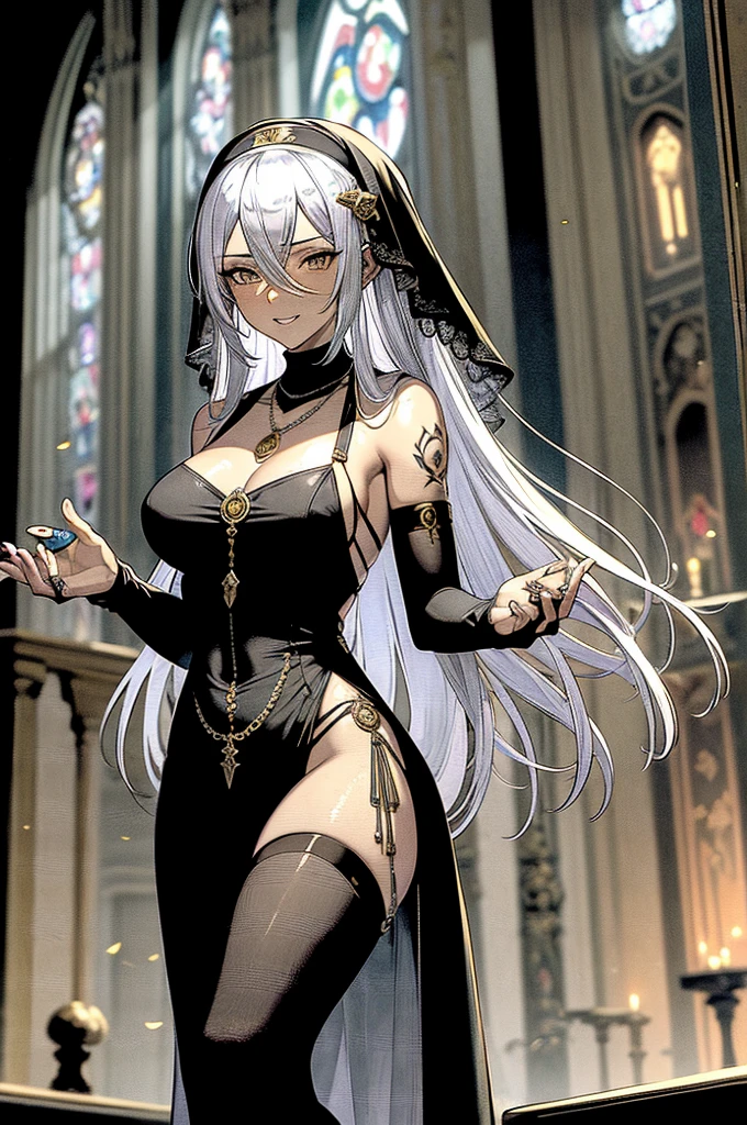 (masterpiece, highest quality, perfect )1 woman, 25 years old, very tall, muscular, defined arms, defined abdomen, muscular thighs, dark skin, large , high muscular definition, muscular, medium silver hair, amber eyes , tattoos ( nun outfit silver jewelry, silver rings, necklace and silver) in a church,  smile, flushed face, eyes shining with mischief,  face