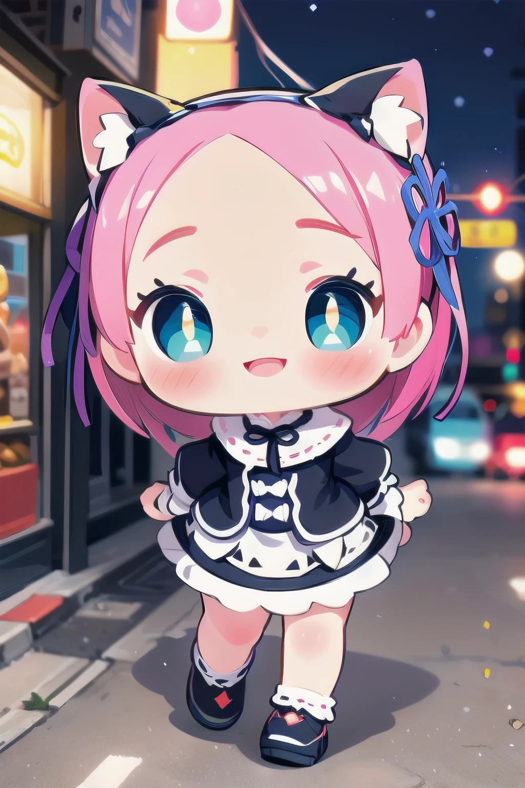 beautiful detailed eyes, beautiful detailed lips, extremely detailed eyes and face, long eyelashes, 1girl, chibi, kawaii, cute, , photo-realistic, hyperrealistic, street fashion, cosplay, rem from re:zero, full body, smiling, fantasy, fantasy art, digital painting, cinematic lighting, dramatic lighting, vibrant colors, highly detailed, sharp focus, volumetric lighting, photorealistic, 8k, best quality, masterpiece