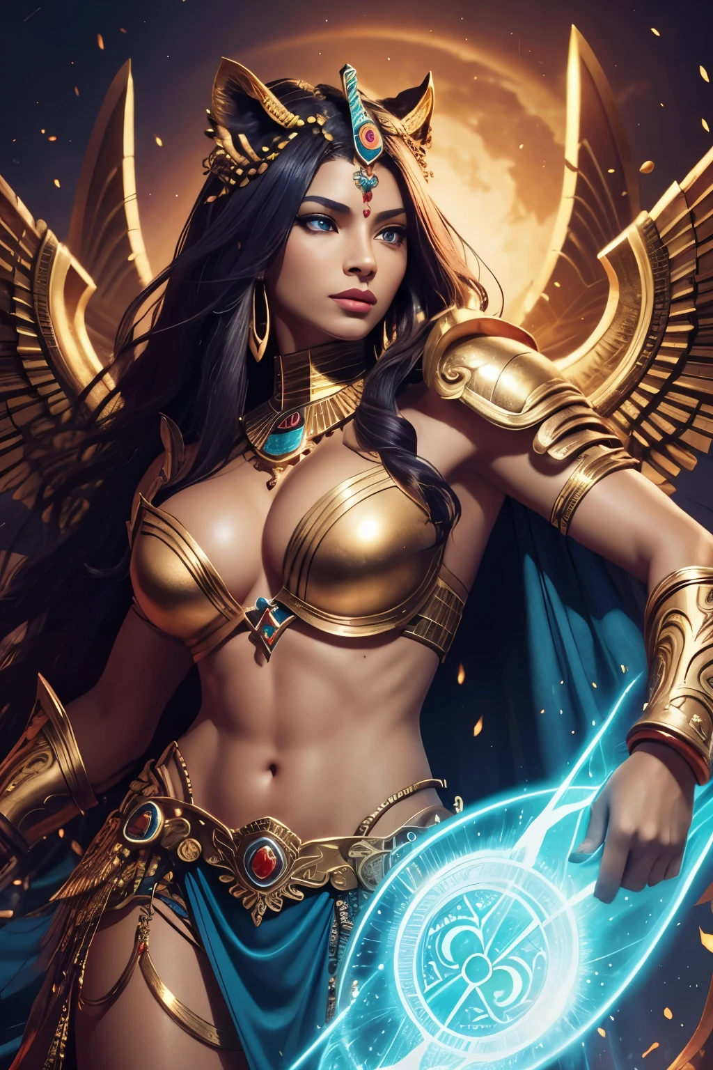 a fierce lioness warrior goddess, egyptian goddess sekhmet, powerful goddess of war, healing and destruction,  portrait of sekhmet, photorealistic egyptian goddess, gold and turquoise headdress, piercing blue eyes, regal expression, intricately detailed ornate armor, flowing red hair, muscular feline body, large wings, mystical aura, volumetric lighting, glowing energy, vibrant colors, 8k, hyper detailed