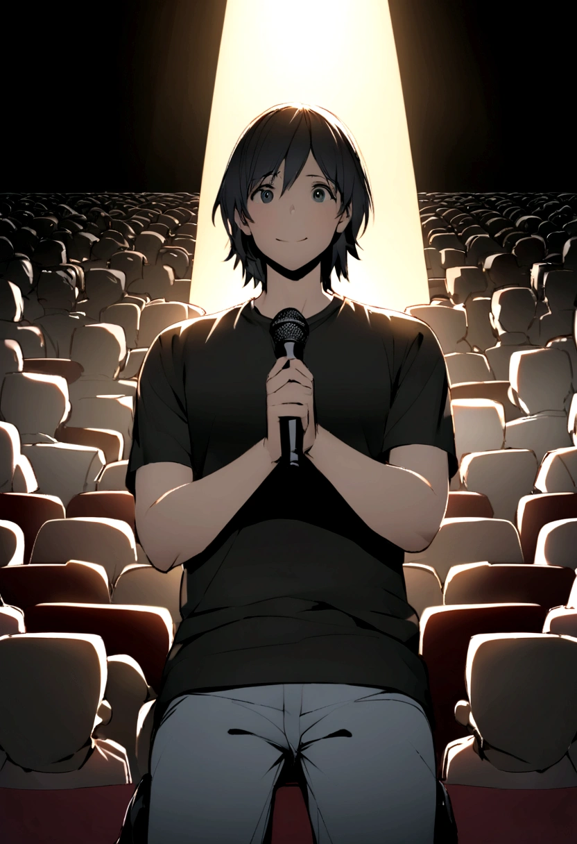 Create a scene with the following elements: - Background: - Color: Deep blue with a subtle gradient, darker at the edges. - Texture: Vertical brick patterns, faintly visible. - Lighting: Four vertical spotlights, evenly spaced, shining upward. Spotlights should create a gradient effect, brighter at the bottom and fading towards the top. Light colors should range from light blue to white. - Logo: Add a 3D logo above the wood behind the comedian. The logo should say "Douidi Comedy Show". Ensure the logo is clearly visible and well-integrated into the scene. - Subject: - Position: Centered in the image, facing the audience. - Appearance: - Clothing: Plain black T-shirt, grey jeans, dark shoes (possibly black). - Pose: Holding a microphone with both hands close to the chest, head tilted slightly to the left, facial expression suggesting mid-comedic delivery or thoughtful moment. - Audience: - Visibility: Visible in the foreground, mostly silhouetted, out of focus. - Details: Heads should be dark, ensuring the main subject remains the focal point. Ensure the overall composition highlights the comedian as the central focus, with the background, logo, and audience enhancing but not distracting from the main subject.