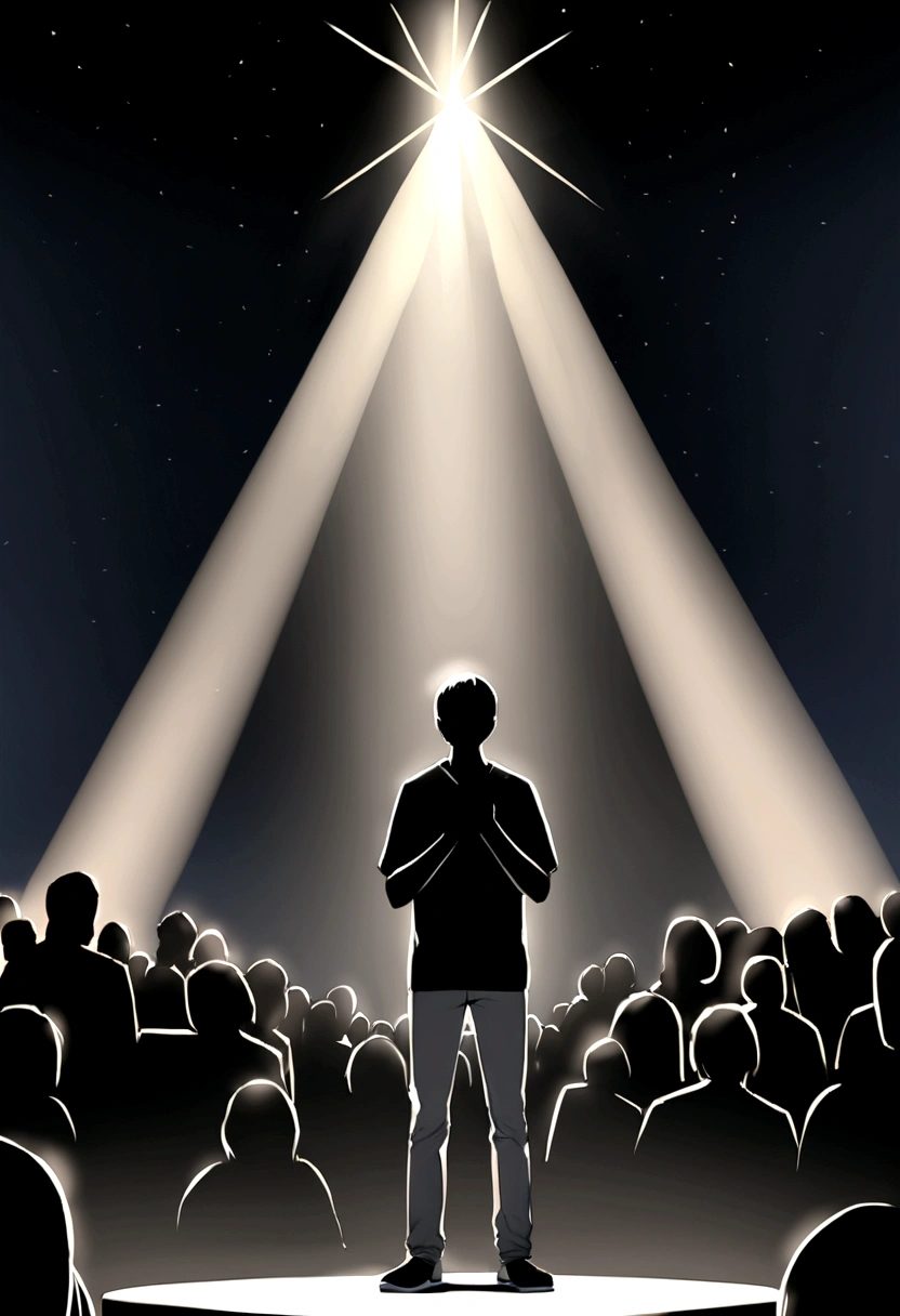Create a scene with the following elements: - Background: - Color: Deep blue with a subtle gradient, darker at the edges. - Texture: Vertical brick patterns, faintly visible. - Lighting: Four vertical spotlights, evenly spaced, shining upward. Spotlights should create a gradient effect, brighter at the bottom and fading towards the top. Light colors should range from light blue to white. - Logo: Add a 3D logo above the wood behind the comedian. The logo should say "Douidi Comedy Show". Ensure the logo is clearly visible and well-integrated into the scene. - Subject: - Position: Centered in the image, facing the audience. - Appearance: - Clothing: Plain black T-shirt, grey jeans, dark shoes (possibly black). - Pose: Holding a microphone with both hands close to the chest, head tilted slightly to the left, facial expression suggesting mid-comedic delivery or thoughtful moment. - Audience: - Visibility: Visible in the foreground, mostly silhouetted, out of focus. - Details: Heads should be dark, ensuring the main subject remains the focal point. Ensure the overall composition highlights the comedian as the central focus, with the background, logo, and audience enhancing but not distracting from the main subject.