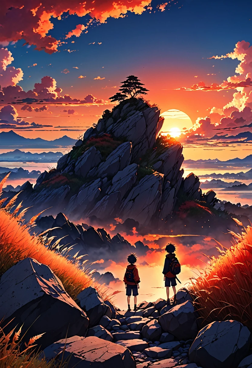 anime landscape of a boy on a hill of rocks with grasses, sunset with orange and red infernal clouds, anime nature wallpapers, beautiful anime scene, beautiful anime peace scene, Makoto Shinkai Cyril Rolando, beautiful scene of anime, amazing wallpaper, anime art wallpaper 8k, anime background, artistic anime background, 4k anime wallpaper, anime art wallpaper 4k, anime art wallpaper 4k,