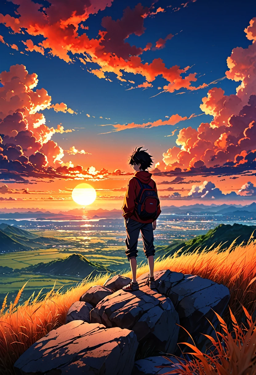 anime landscape of a boy on a hill of rocks with grasses, sunset with orange and red infernal clouds, anime nature wallpapers, beautiful anime scene, beautiful anime peace scene, Makoto Shinkai Cyril Rolando, beautiful scene of anime, amazing wallpaper, anime art wallpaper 8k, anime background, artistic anime background, 4k anime wallpaper, anime art wallpaper 4k, anime art wallpaper 4k,