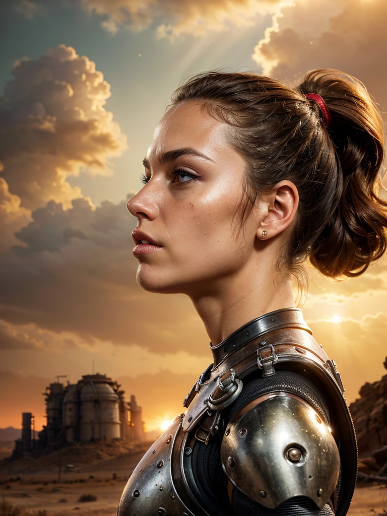 (from below:1.4), side view, (best quality, masterpiece, highest detailed), (photorealistic:1.2), (detailed light:1.2), (Realistic skin texture:1.4), raw photo, fallout theme, beautiful brunette, athletic build, ponytail hairstyle, muscular body, in fantastic armor, black exoskeleton, posing in a gloomy desert, looking at the viewer, post-apocalyptic landscape