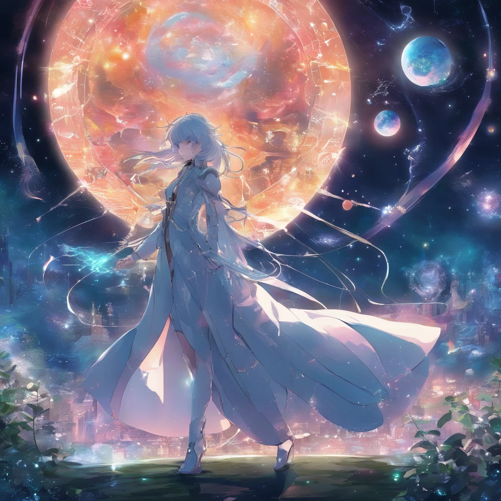 Niji mode. Full body. Ethereal sorcerer secret agent, elegant thin suit with fluid luminous white glowing magic circuits, celestial explorer emerging from a portal. Holding a longsword with glowing magic writings and long handle, glowing tattoos, magic piercings, magic stones, glowing magic eyes, advanced technology mixed with magic, magic circuits, magic tools, magic materials, developed by Technological Magic. Walking in the middle of a magical atompunk metropolis mixing technology and vegetation, the sky full of bright stars with cold colors. Wide and deep scenery with multiple planes of depth, cinematic and dynamic scene with sense of movement, view of magical glowing lights reflecting the scene, particle effects, elegant pose, aura lights, glowing, epic atmosphere, celestial splendor, galactic fragmentation . Old anime style, Studio Ghibli, Metal hurlant, art book, RPG fantasy, comicbook.