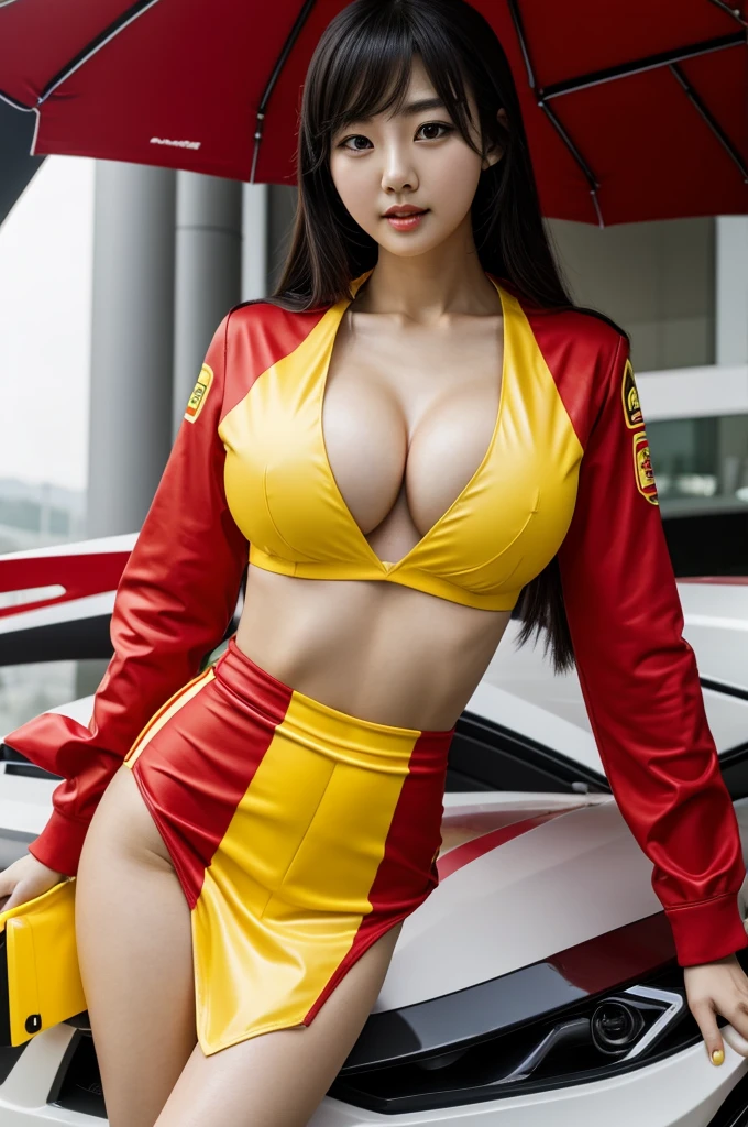 korean girl cosplaying scuderia Ferrari formula 1, with a short sexy outfit referring to scuderia Ferrari, red and yellow, big tits, slim physical build with cleavage