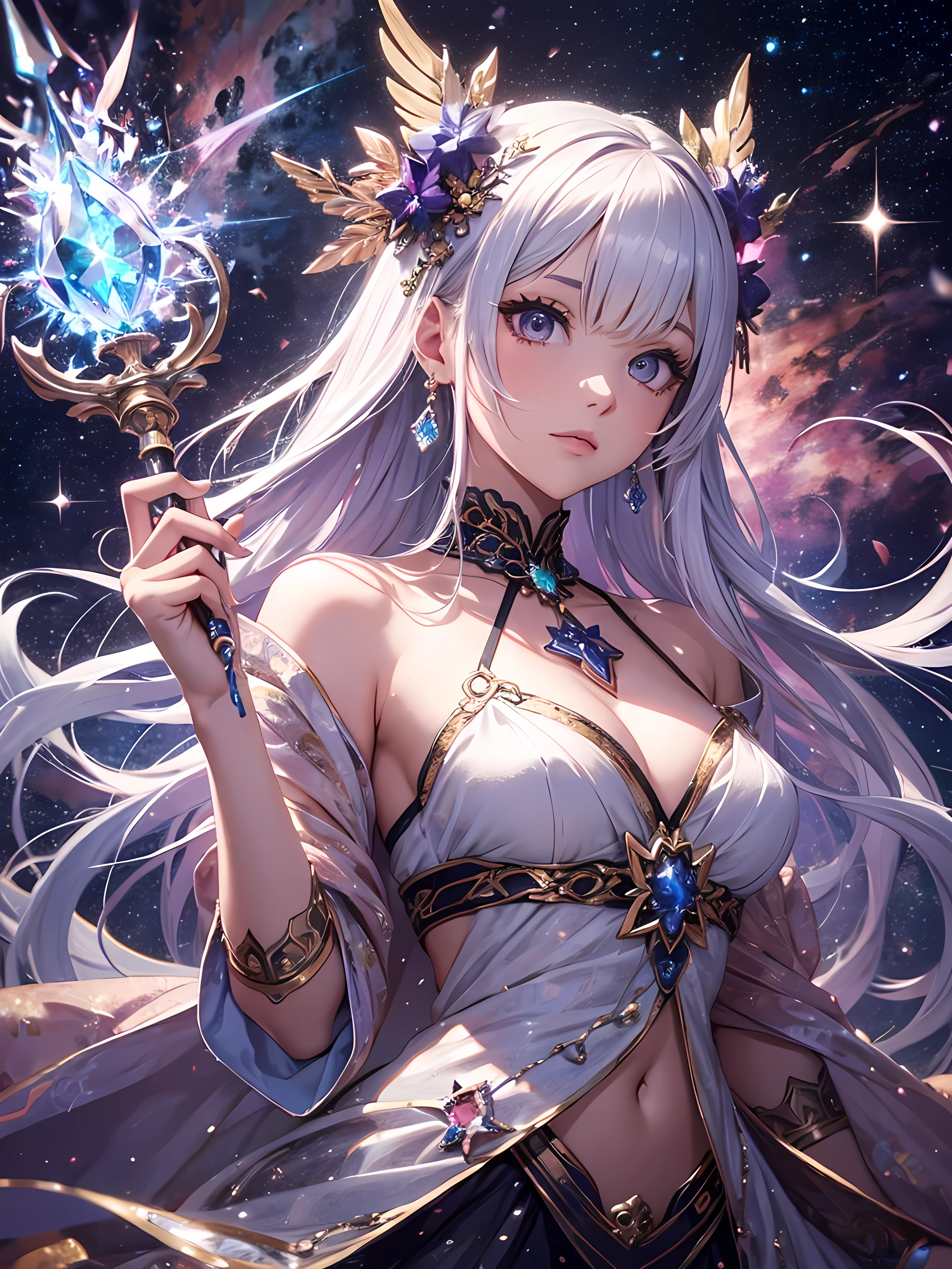 beautiful young woman, anime style, detailed face, ethereal and enchanting expression, wearing a light and airy fantasy costume that resembles a starry sky, standing in a mystical landscape with a night sky full of stars and galaxies, glowing plants and magical creatures, holding a staff with a glowing crystal, flowing and translucent gown adorned with star patterns and jewels, vibrant and inviting fantasy lighting, dynamic pose, Japanese anime style, high quality, highly detailed, 8k resolution, cinematic lighting, best quality, vibrant colors, Instagrammable, aesthetic, trendy, hair color and style are vibrant and unique