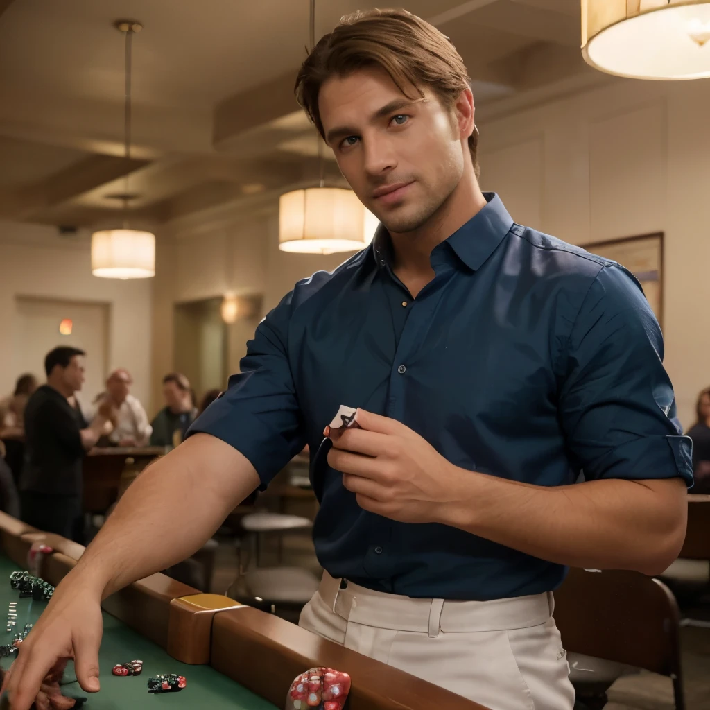 (((wide shot, upper body, 3/4 view, handsome 35 year old desirable caucasian man with distinguished features throwing the dice at a crowded craps table))), (stylish blue shirt, white pants), (light brown medium length hair, cropped sides, clean shave, intriguing green eyes), muscular build, tall height, smile with a flirty smile, detailed depiction of facial features, perfectly symmetrical face, bright indoor lighting masterfully accentuates his excellent features