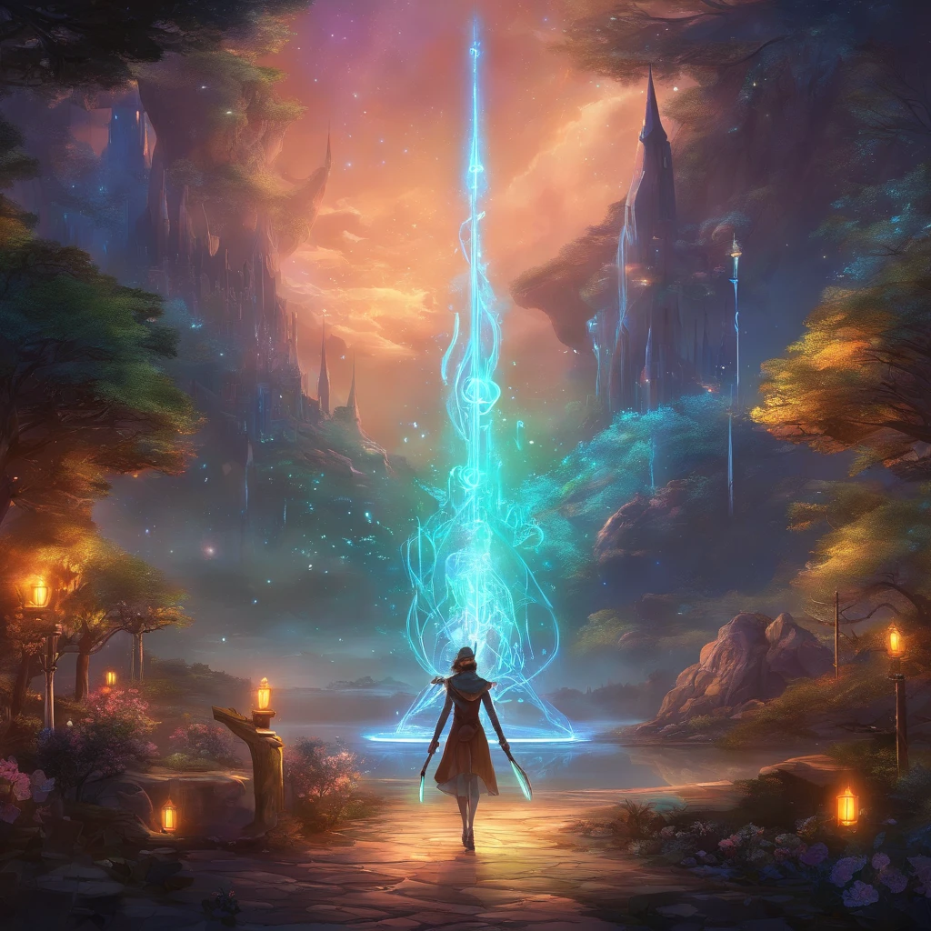 Niji mode. Full body. Ethereal sorcerer secret agent, elegant thin suit with fluid luminous white glowing magic circuits, celestial explorer emerging from a portal. Holding a longsword with glowing magic writings and long handle, glowing tattoos, magic piercings, magic stones, glowing magic eyes, advanced technology mixed with magic, magic circuits, magic tools, magic materials, developed by Technological Magic. Walking in the middle of a magical atompunk metropolis mixing technology and vegetation, the sky full of bright stars with cold colors. Wide and deep scenery with multiple planes of depth, cinematic and dynamic scene with sense of movement, view of magical glowing lights reflecting the scene, particle effects, elegant pose, aura lights, glowing, epic atmosphere, celestial splendor, galactic fragmentation . Old anime style, Studio Ghibli, Metal hurlant, art book, RPG fantasy, comicbook.
