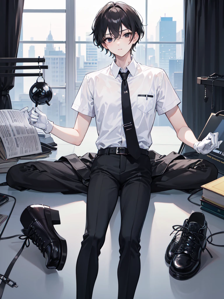 18-year-old boy,cute,Wear a white short-sleeved shirt and a black work tie,Wear black pants,Wear black booties,Wear white gloves,Black hair,Black eyes,Seductive pose