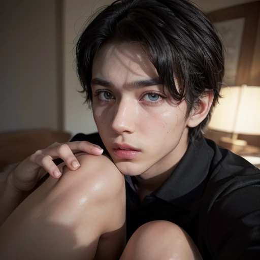 ((Make your subject look realistic with contrasting lights and shadows.)). Photorealistic Realism 16K Quality: (Realistic velvety skin texture quality details..., Hair), photorealistic photo (portrait) a cute 20 year old DSLR boy, the best high quality soft lighting, sharp focus captured by Fujifilm XT3, f 5.6, in dramatic lighting, ((Realistic hyperdetails in black..._eyes:1.25)), ((students with fine details:1.3, brown eyes and a little acne, ((detailed symmetrical lips:1.3)), ((in the jaw)), rosa_lipstick:1.3, (hyper detailed eyelashes), ((perfect dark_eye shadows:1.25)), (Detailed nose:1.2), (perfect composition), ((clear skin)), (Dry Skin), (((The boy is wearing a black polo shirt..))), (anatomically with a medium body), (perfect proportions), ((perfect hands:1.2)), ((male body: 1.4)), attractive boy, ((lip and nose piercing)), ((body blow to the knees:1.3)),((Pose looking at the camera as if it were a selfie)