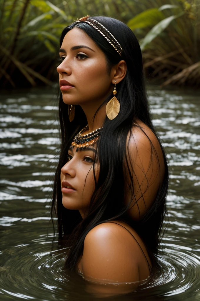 portrait of a beautiful woman, 40 years old. Of the tanned skin, cabocla, long black hair, straight at the height of the back, fringe of Amazonian India, headdress of feathers, western eyes, honey color, fluffy turned, ((big cheeks)), bathing to the natural, in a deep river and with transparent waters that show the silhouette of his submerged body, only with the head and neck out of the water,  between reeds, (backlit), realistic, masterpiece, high quality, brightness, shadow, flower, [[chromatic aberration]], by Jeremy Lipking, by Antonio J. Manzanedo, digital painting, Brazilian, 8k uhd,, forest, stones on the bank, river, wood, smoke, shadows, contrast, clear sky, style , (warm hue, warm tone)