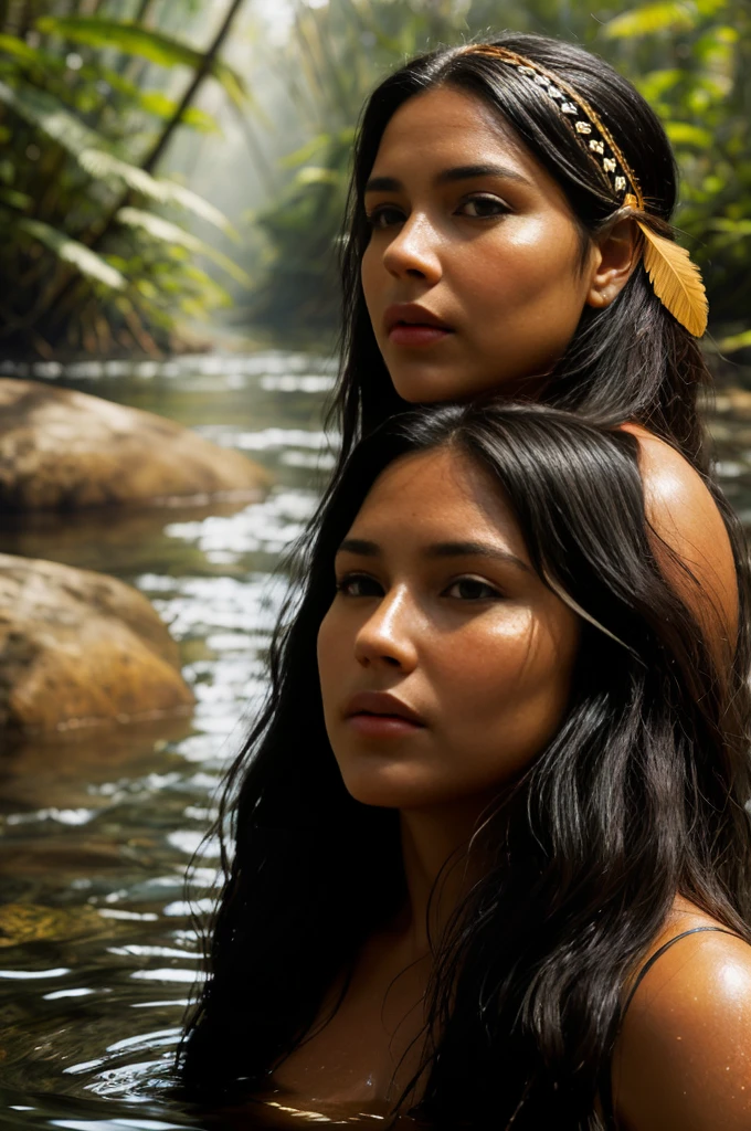 portrait of a beautiful woman, 40 years old. Of the tanned skin, cabocla, long black hair, straight at the height of the back, fringe of Amazonian India, headdress of feathers, western eyes, honey color, fluffy turned, ((big cheeks)), bathing to the natural, in a deep river and with transparent waters that show the silhouette of his submerged body, only with the head and neck out of the water,  between reeds, (backlit), realistic, masterpiece, high quality, brightness, shadow, flower, [[chromatic aberration]], by Jeremy Lipking, by Antonio J. Manzanedo, digital painting, Brazilian, 8k uhd,, forest, stones on the bank, river, wood, smoke, shadows, contrast, clear sky, style , (warm hue, warm tone)