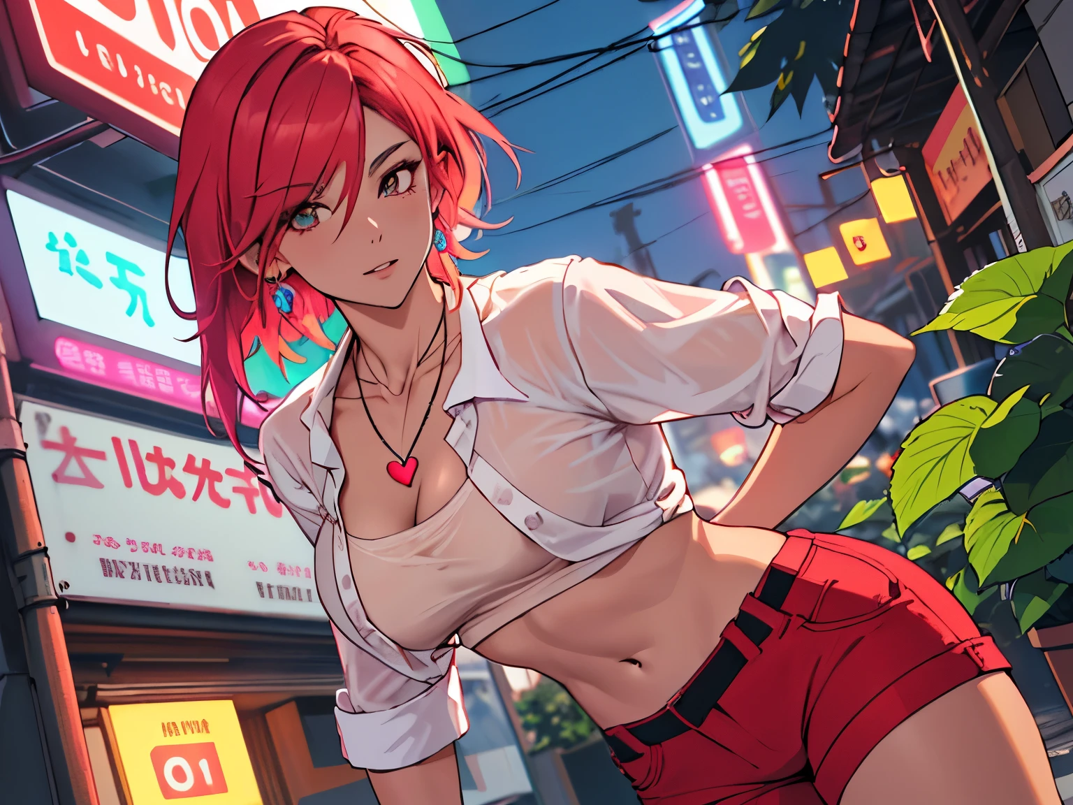 4K, June Scenario, Beautiful woman, long hair, chestnut hair, , blue colored eyes, white  shirt, hot pants, neon red heart necklace, gazing at viewer, natta, colorful hydrangea