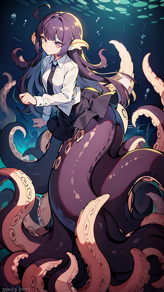 ((best quality)), ((highly detailed)), absurdres, (detailed eyes),1girl,20 years old,solo,long hair,dark purple hair,(((white shirt,black standart tie,black skirt))),dynamic pose, cowboy shot, (((scylla))), (((octopus girl))), standing, (tentacles:1.33), (suction cups:1.33), (fused:1.33), ((tentacle legs)), squidlegs, ((underwater,sea,night)),leaning forward, serious,