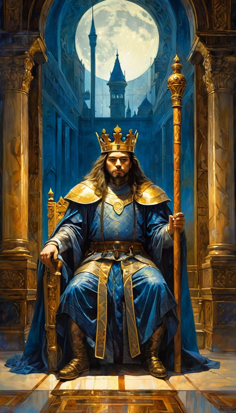 a young Charismatic and attractive king sitting on his throne, great hall of the palace, carrying a wooden pole in one hand, we see through the moonlit window, large landscape (art inspired by Bill Sienkiewicz, intricate details, oil painting)
