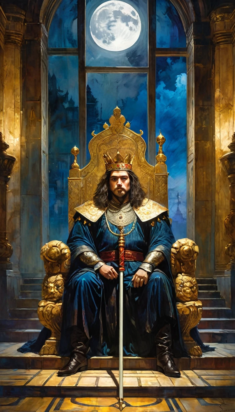 a young Charismatic and attractive king sitting on his throne, great hall of the palace, carrying a wooden pole in one hand, we see through the moonlit window, large landscape (art inspired by Bill Sienkiewicz, intricate details, oil painting)
