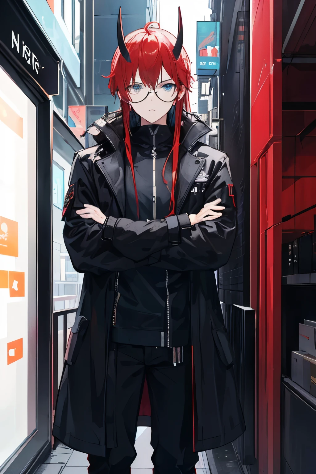 ((best qualityer)), ((work of art)), (detailded), 1 man Appearance: long red hair with bangs, black round glasses, Light blue eye, horns outfit: black overcoat, Black cargo pants, expression black combat boots: crossed arms, serious Background: Cyberpunk shopping center framing close up