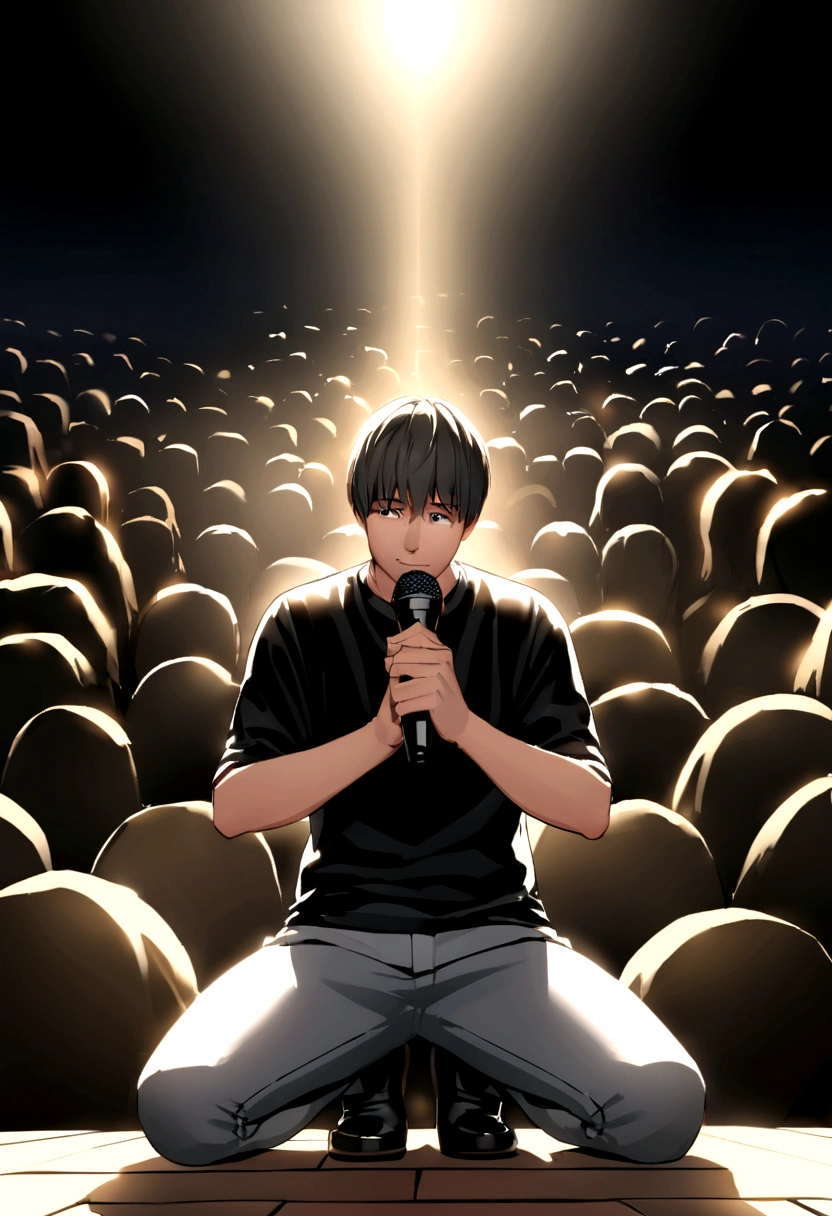 Create a scene with the following elements: - Background: - Color: Deep blue with a subtle gradient, darker at the edges. - Texture: Vertical brick patterns, faintly visible. - Lighting: Four vertical spotlights, evenly spaced, shining upward. Spotlights should create a gradient effect, brighter at the bottom and fading towards the top. Light colors should range from light blue to white. - Logo: Add a 3D logo above the wood behind the comedian. The logo should say "Douidi Comedy Show". Ensure the logo is clearly visible and well-integrated into the scene. - Subject: - Position: Centered in the image, facing the audience. - Appearance: - Clothing: Plain black T-shirt, grey jeans, dark shoes (possibly black). - Pose: Holding a microphone with both hands close to the chest, head tilted slightly to the left, facial expression suggesting mid-comedic delivery or thoughtful moment. - Audience: - Visibility: Visible in the foreground, mostly silhouetted, out of focus. - Details: Heads should be dark, ensuring the main subject remains the focal point. Ensure the overall composition highlights the comedian as the central focus, with the background, logo, and audience enhancing but not distracting from the main subject.