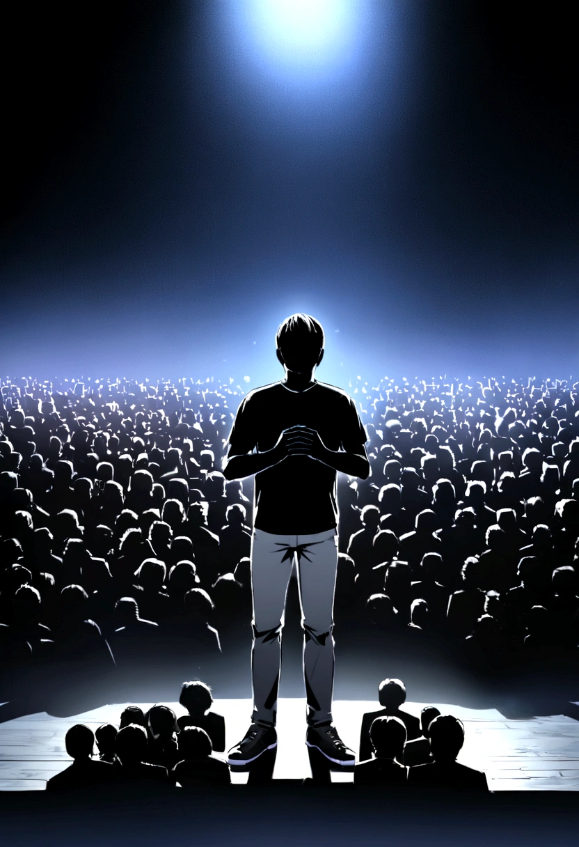 Create a scene with the following elements: - Background: - Color: Deep blue with a subtle gradient, darker at the edges. - Texture: Vertical brick patterns, faintly visible. - Lighting: Four vertical spotlights, evenly spaced, shining upward. Spotlights should create a gradient effect, brighter at the bottom and fading towards the top. Light colors should range from light blue to white. - Logo: Add a 3D logo above the wood behind the comedian. The logo should say "Douidi Comedy Show". Ensure the logo is clearly visible and well-integrated into the scene. - Subject: - Position: Centered in the image, facing the audience. - Appearance: - Clothing: Plain black T-shirt, grey jeans, dark shoes (possibly black). - Pose: Holding a microphone with both hands close to the chest, head tilted slightly to the left, facial expression suggesting mid-comedic delivery or thoughtful moment. - Audience: - Visibility: Visible in the foreground, mostly silhouetted, out of focus. - Details: Heads should be dark, ensuring the main subject remains the focal point. Ensure the overall composition highlights the comedian as the central focus, with the background, logo, and audience enhancing but not distracting from the main subject.