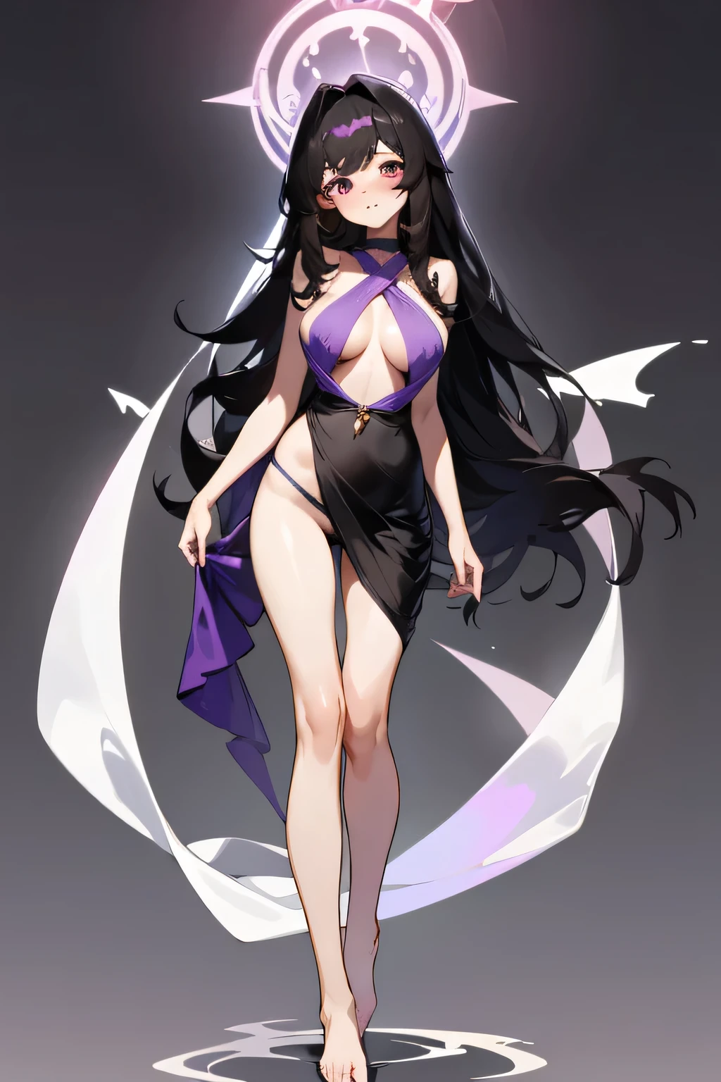 1girl, very tall, thin, masterpiece, very aesthetic, long hair, looking at viewer, blush, big breasts (top round tits), :), trikini, swept bangs, purple eye, standing, (full body), black hair, long legs,  feet, sarong wrap skirt, thigh gap, white background