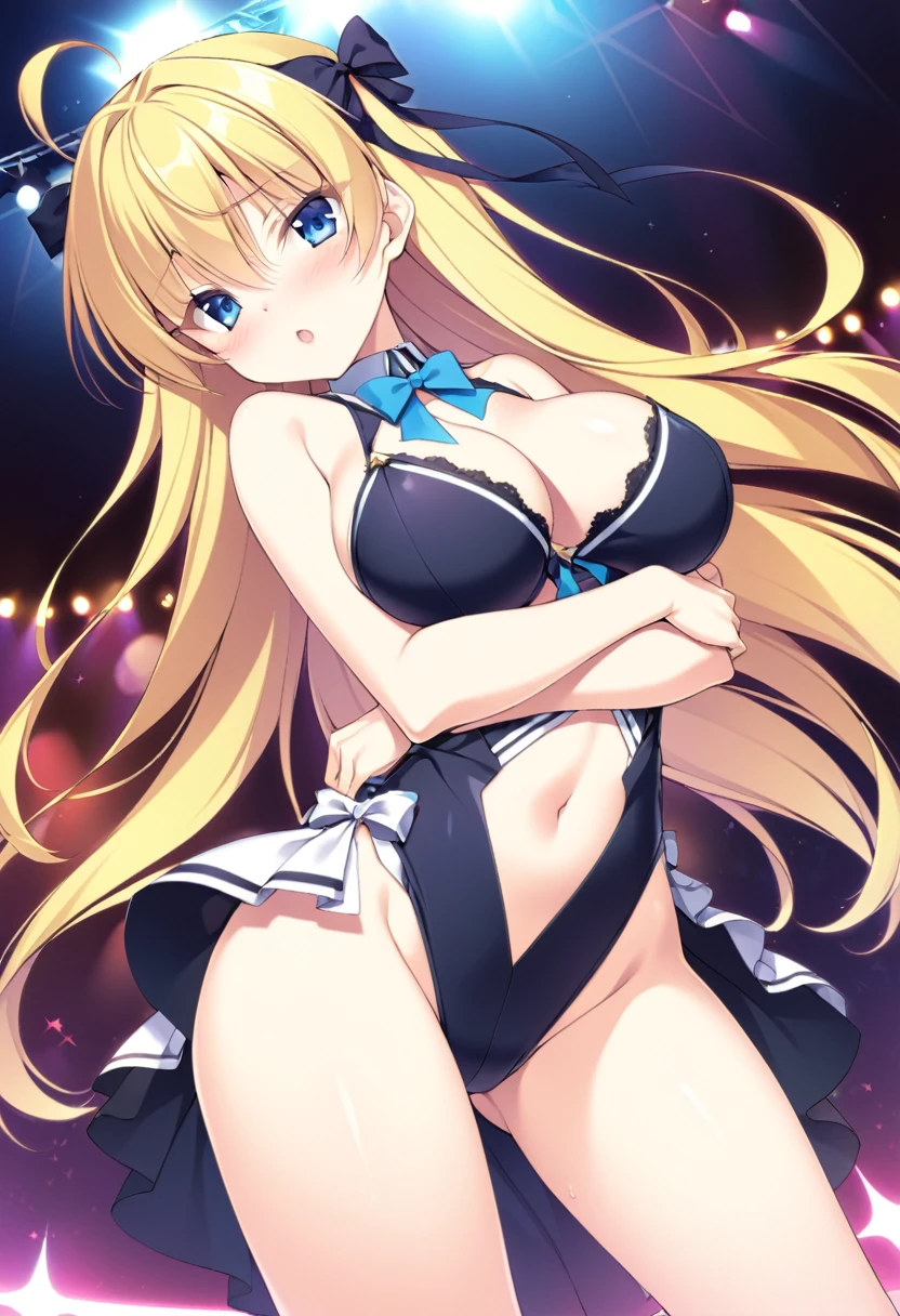 HousenElis, blue eyes, Yellow hair, long hair, ribbon,, large breasts, live stage, solo, 16years old, , 