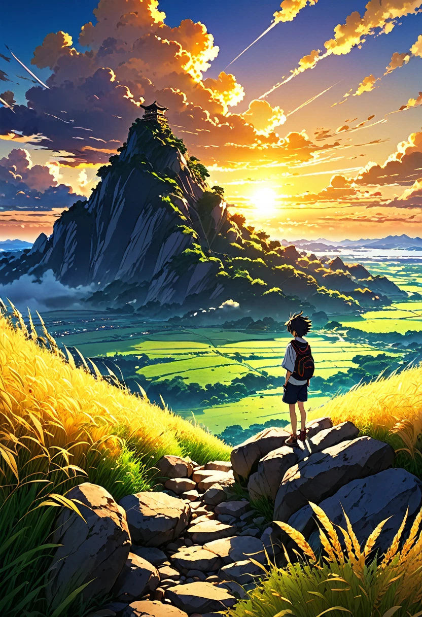 anime landscape of a boy on a hill of rocks with grasses, sunset with golden yellow hellish clouds, sun reflections, anime nature wallpapers, beautiful anime scene, beautiful anime peace scene, Makoto Shinkai Cyril Rolando, beautiful scene of anime, amazing wallpaper, anime art wallpaper 8k, anime background, art anime background, anime 4k wallpaper, anime art 4k wallpaper, anime art 4k wallpaper,