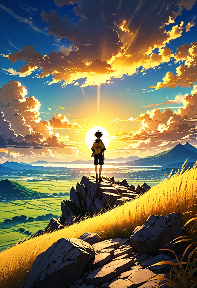 anime landscape of a boy on a hill of rocks with grasses, sunset with golden yellow hellish clouds, sun reflections, anime nature wallpapers, beautiful anime scene, beautiful anime peace scene, Makoto Shinkai Cyril Rolando, beautiful scene of anime, amazing wallpaper, anime art wallpaper 8k, anime background, art anime background, anime 4k wallpaper, anime art 4k wallpaper, anime art 4k wallpaper,