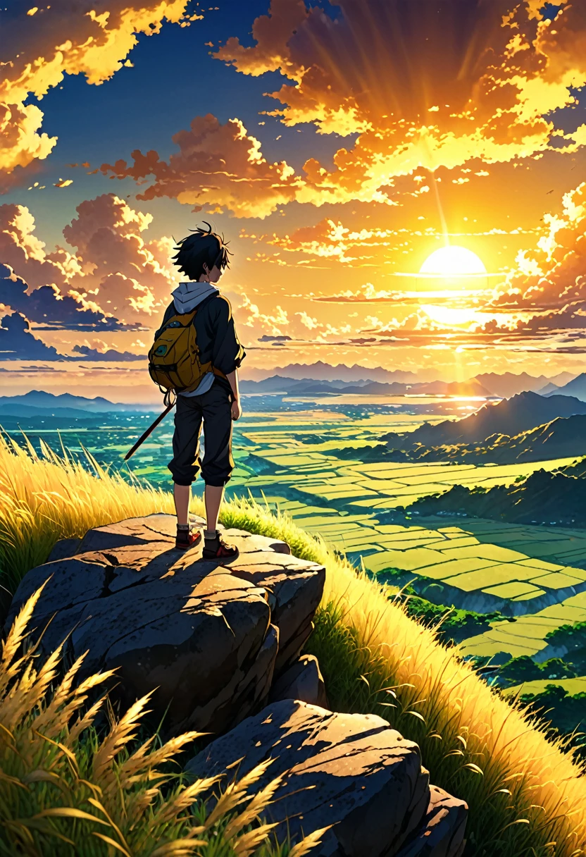 anime landscape of a boy on a hill of rocks with grasses, sunset with golden yellow hellish clouds, sun reflections, anime nature wallpapers, beautiful anime scene, beautiful anime peace scene, Makoto Shinkai Cyril Rolando, beautiful scene of anime, amazing wallpaper, anime art wallpaper 8k, anime background, art anime background, anime 4k wallpaper, anime art 4k wallpaper, anime art 4k wallpaper,