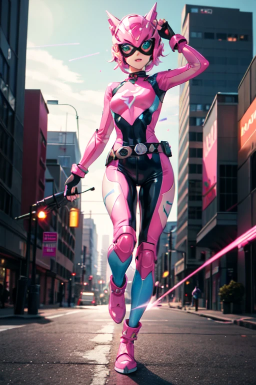 ((best quality)), ((masterpiece)), (detailed), 1 girl, full body, 20s, young adult, masked, black mask covering her entire head, smooth head, biker helmet, biker helmet with blue headphones on the sides, flashlight on her forehead, short pink hair coming out of her helmet, black collar, tall, slim, athletic, circles on her wrists, pink details, black fingerless gloves, pink wristbands, nanotech speedster suit that resembles light armor, blue chest with an emblem, blue chest, black suit with pink lines, pink speed emblem on her chest, pink emblem, blue pants, gray knee pads, metallic pink boots, white superhero belt, running through the city, pink light trail, laser, city background, anime