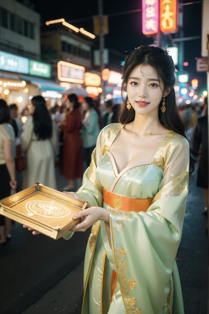 (((best quality))),(((ultra detailed))),(((masterpiece))),illustration,1girl,see through gauze Korean traditional Costume,slim,flat chest,cleavage,laughing, summer night,Korean city scape, street, neon signs, beautiful, vibrant, detailed facial features,medium hair, elegance, cultural atmosphere, bustling city, colorful advertisements, reflections, lively atmosphere, street food aroma