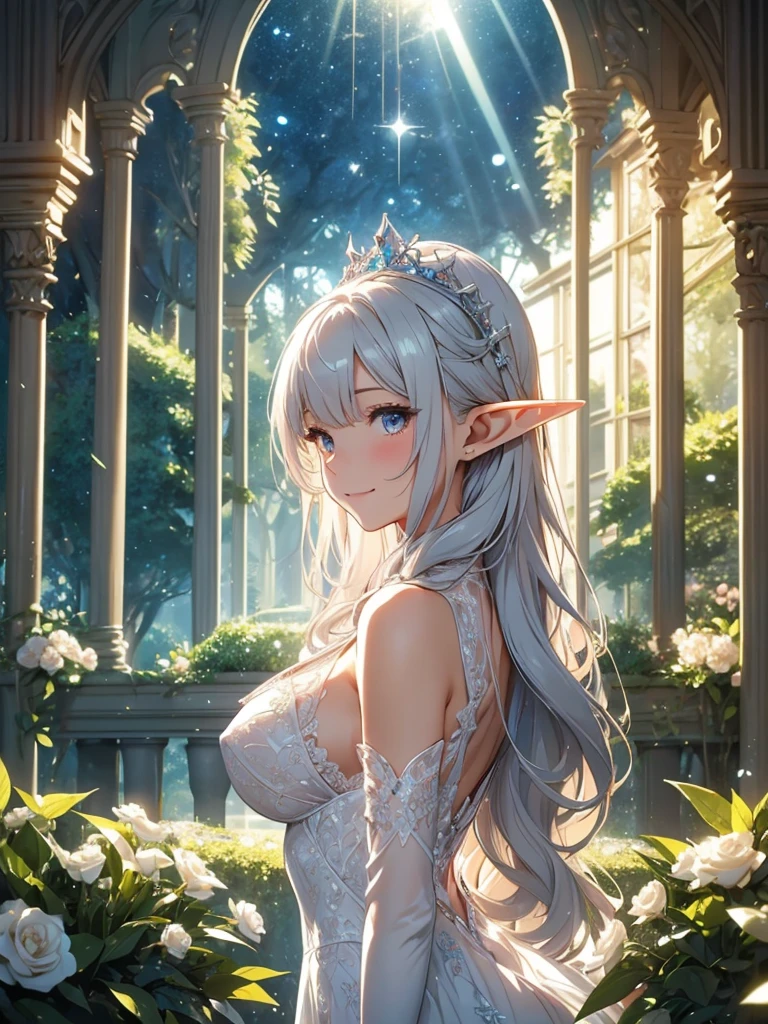 最high quality、1woman elf 、Silver Hair、bionde、、、Beautiful foam、、CourtyardShining fairy wings、E.G: Worst quality ,Flower fractal art　　、see-throughbodystocking,Beautiful side shot, radiance,High-definition depiction, Realistic, 8K, Unity, beautiful Shot, light smile, Beautifully and vividly drawn, , Beautiful, beautiful, clear skin、sexly,beautiful dress,Countless rays of light pouring down, Swirling Light, big background, Raise one arm above your head, Intense light is emitted from the magic circle in front of the girl.   forest、Lots of leaves、Green leaves、flower、Particles of light、Bedroom at night、Magic Palace、Fairy tale、
Romanticism,Cowboy Shot: The most beautiful form of chaos, Mr..々Farbe, Intertwined flowers, Particle,magical gentle light,smile,sexly,image quality、masterpiece、Beautiful Face、Super beautiful elf woman((Big breasted 22 year old office lady、、Bust 100,Beautiful long ironed hair 、bionde hair,height: 165cm。、sexly、Esbian、、high quality、、background((Star Narski)))、Starry Sky、Visual art、Written boundary depth、、Elf Ears、、universe、Happy smile、Gentle light、Elf forest、elegant、ticker beautiful decorative、、magic、forest、beautiful tiara、Beautiful bed、Beautiful Landscape、A kind smile、wonderful、Fluttering petals、Dance happily、、Cultivate fantasy、、Mystery light　Lots of flowers、、art、forest, palace, art,mystery,Ultra-high resolution,atmosphere