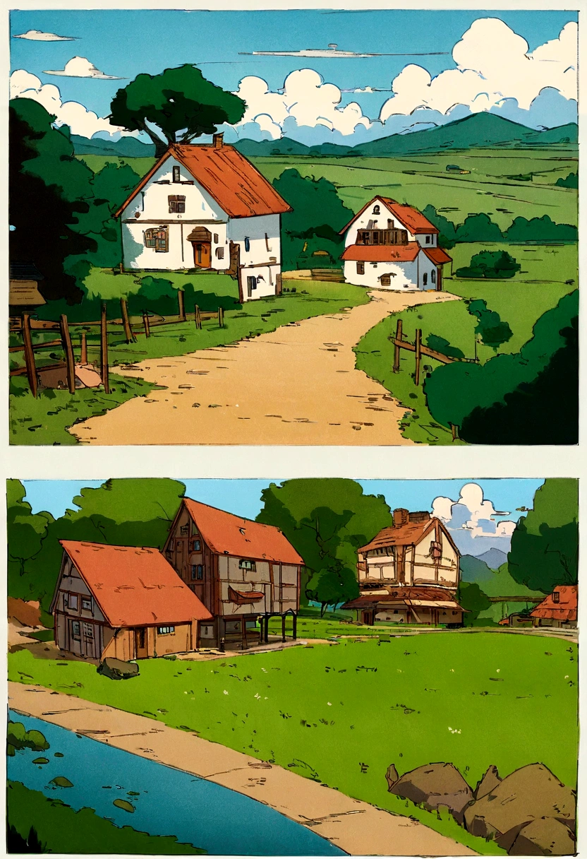 there is a picture of a painting of a house in the country, concept art by Studio Ghibli's animated films, featured on pixiv, process art, lofi hip hop, lofi artstyle, chillhop, lofi art, lofi, lofi colors, lofi feel, lofi vibe, lofi vibes, anime countryside landscape, lofi girl