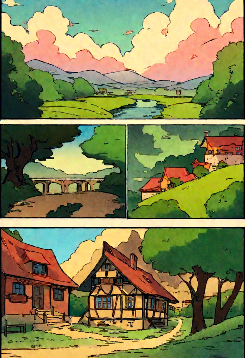 there is a picture of a painting of a house in the country, concept art by Studio Ghibli's animated films, featured on pixiv, process art, lofi hip hop, lofi artstyle, chillhop, lofi art, lofi, lofi colors, lofi feel, lofi vibe, lofi vibes, anime countryside landscape, lofi girl