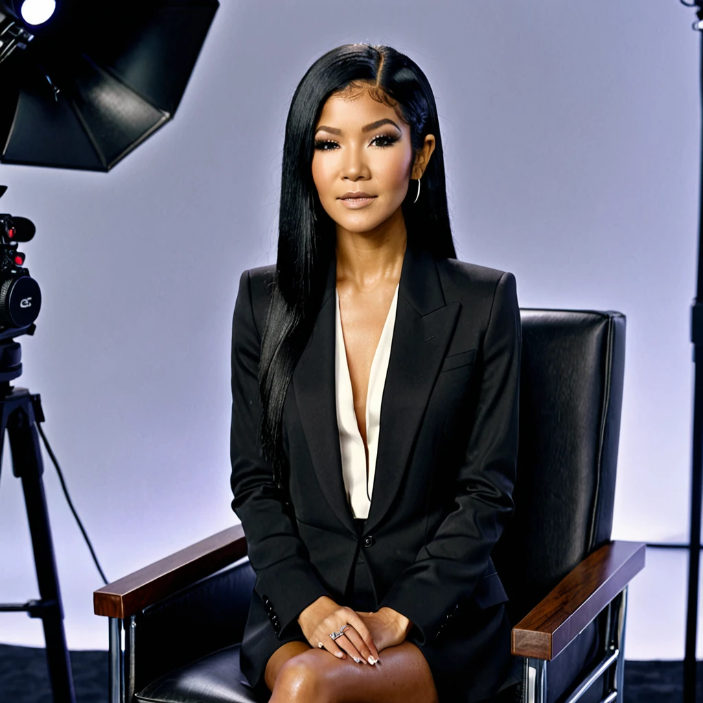 Jhené Aiko, role model, tanned and textured skin,, long straight black hair, wearing a black blazer with a low neckline, sitting on a chair giving an interview. The background is a gray recording studio, is blurred,Photoshoot, global illumination, 4K image, ultra-detailed,