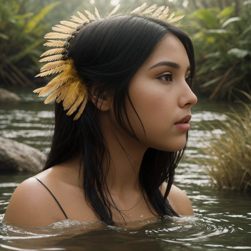 portrait of a beautiful woman, 20 years old. Of the tanned skin, cabocla, long black hair, straight at the height of the back, fringe of Amazonian India, headdress of feathers, western eyes, honey color, fluffy turned, ((big cheeks)), bathing to the natural, in a deep river and with  waters that show the silhouette of his submerged body, only with the head and neck out of the water, between reeds, (backlit), realistic, masterpiece, high quality, brightness, shadow, flower, [[chromatic aberration]], by Jeremy Lipking, by Antonio J. Manzanedo, digital painting, Brazilian, 8k uhd,, forest, stones on the bank, river, wood, smoke, shadows, contrast, clear sky, style , (warm hue, warm tone)