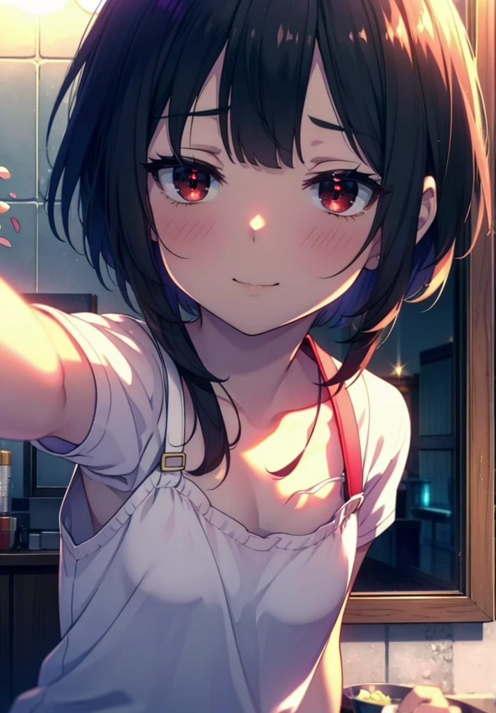 konosubaMegumin, Megumin, short hair, Black Hair, (Red eyes:1.3), short hair with long locks,smile,Tank top shirt,Shorts,barefoot,barefoot,Holding and eating ice cream,whole bodyがイラストに入るように,morning,morning陽,The sun is rising,
break indoor, room,
break looking at viewer,whole body,
break (masterpiece:1.2), Highest quality, High resolution, unity 8k wallpaper, (figure:0.8), (Beautiful attention to detail:1.6), Highly detailed face, Perfect lighting, Highly detailed CG, (Perfect hands, Perfect Anatomy),