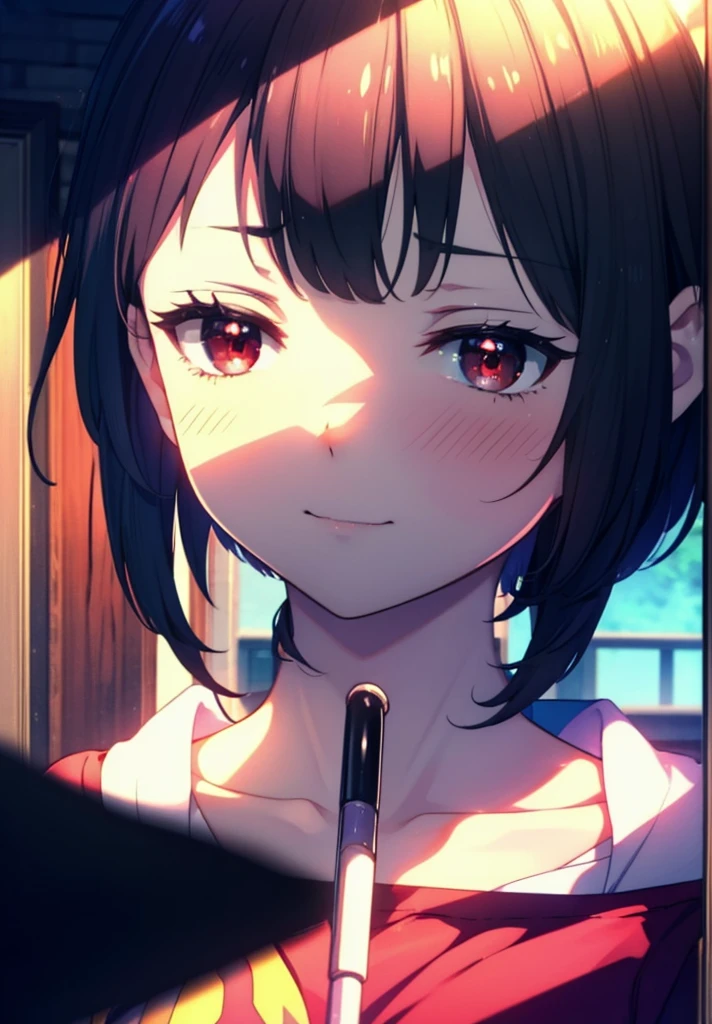 konosubaMegumin, Megumin, short hair, Black Hair, (Red eyes:1.3), short hair with long locks,smile,Tank top shirt,Shorts,barefoot,barefoot,Holding and eating ice cream,whole bodyがイラストに入るように,morning,morning陽,The sun is rising,
break indoor, room,
break looking at viewer,whole body,
break (masterpiece:1.2), Highest quality, High resolution, unity 8k wallpaper, (figure:0.8), (Beautiful attention to detail:1.6), Highly detailed face, Perfect lighting, Highly detailed CG, (Perfect hands, Perfect Anatomy),