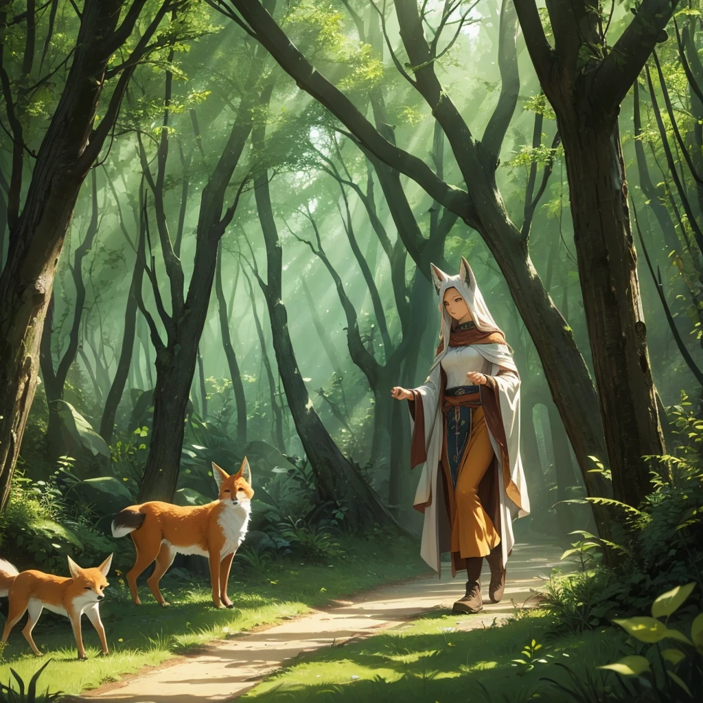 Wonderful des, several druids walk through the forest, the fox runs from the side