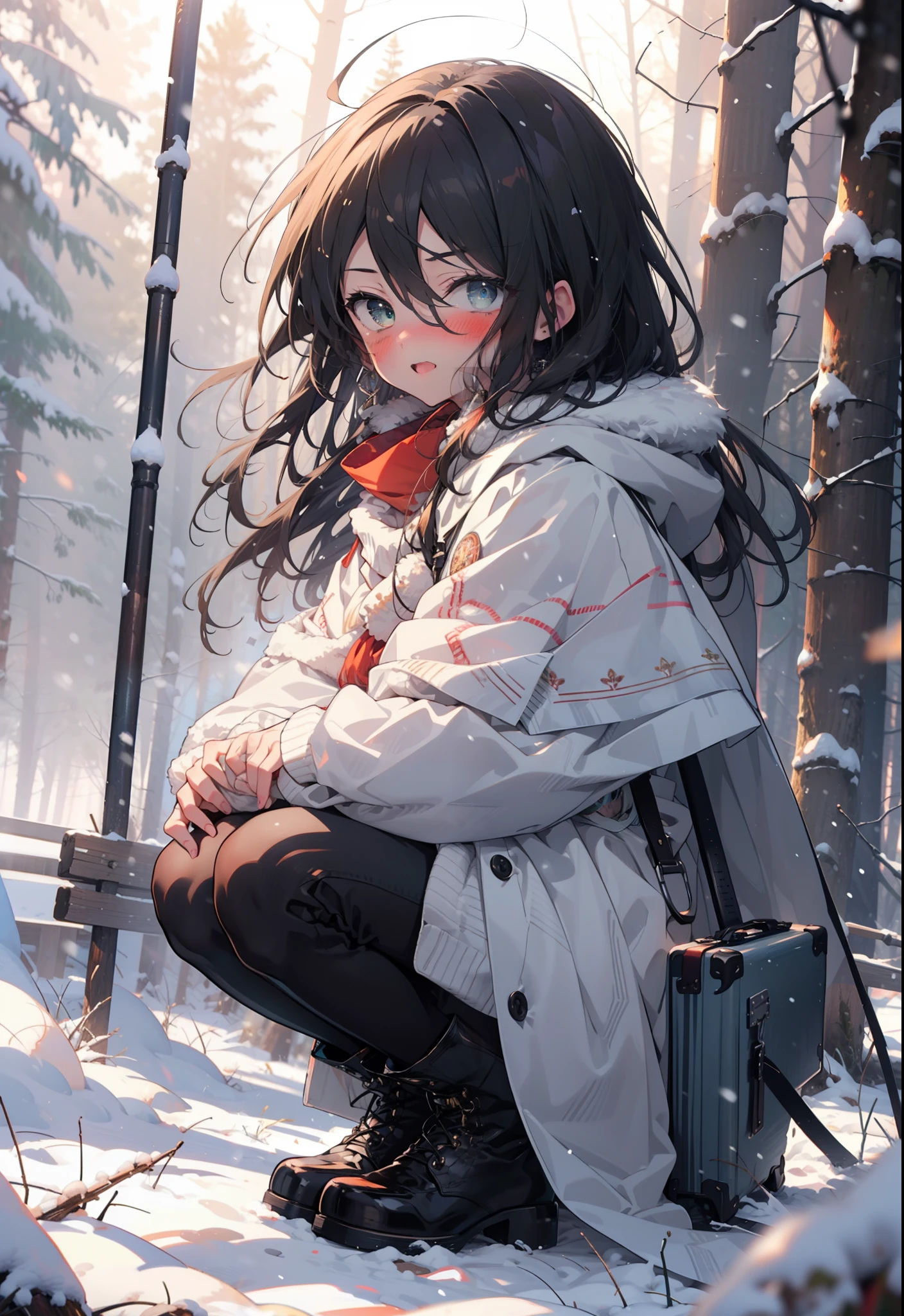 Shana,灼眼のShana,Long Hair, Redhead, Red eyes,Ahoge,,smile,blush,White Breath,
Open your mouth,snow,Ground bonfire, Outdoor, boots, snowing, From the side, wood, suitcase, Cape, Blurred, , forest, White handbag, nature, Squat, Mouth closed, Cape, winter, Written boundary depth, Black shoes, red Cape break looking at viewer, Upper Body, whole body, break Outdoor, forest, nature, break (masterpiece:1.2), Highest quality, High resolution, unity 8k wallpaper, (shape:0.8), (Beautiful and beautiful eyes:1.6), Highly detailed face, Perfect lighting, Highly detailed CG, (Perfect hands, Perfect Anatomy),