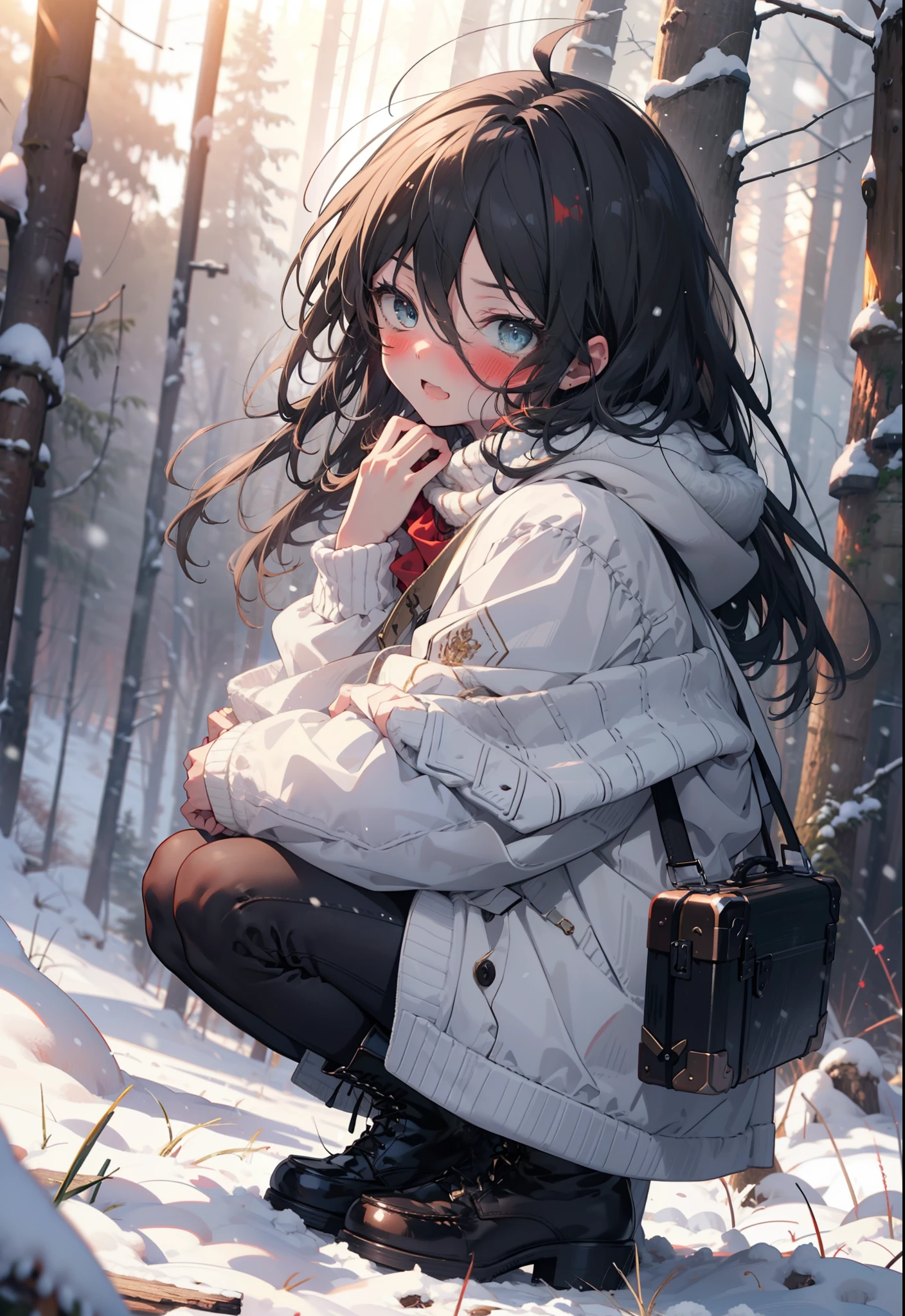 Shana,灼眼のShana,Long Hair, Redhead, Red eyes,Ahoge,,smile,blush,White Breath,
Open your mouth,snow,Ground bonfire, Outdoor, boots, snowing, From the side, wood, suitcase, Cape, Blurred, , forest, White handbag, nature,  Squat, Mouth closed, Cape, winter, Written boundary depth, Black shoes, red Cape break looking at viewer, Upper Body, whole body, break Outdoor, forest, nature, break (masterpiece:1.2), Highest quality, High resolution, unity 8k wallpaper, (shape:0.8), (Beautiful and beautiful eyes:1.6), Highly detailed face, Perfect lighting, Highly detailed CG, (Perfect hands, Perfect Anatomy),