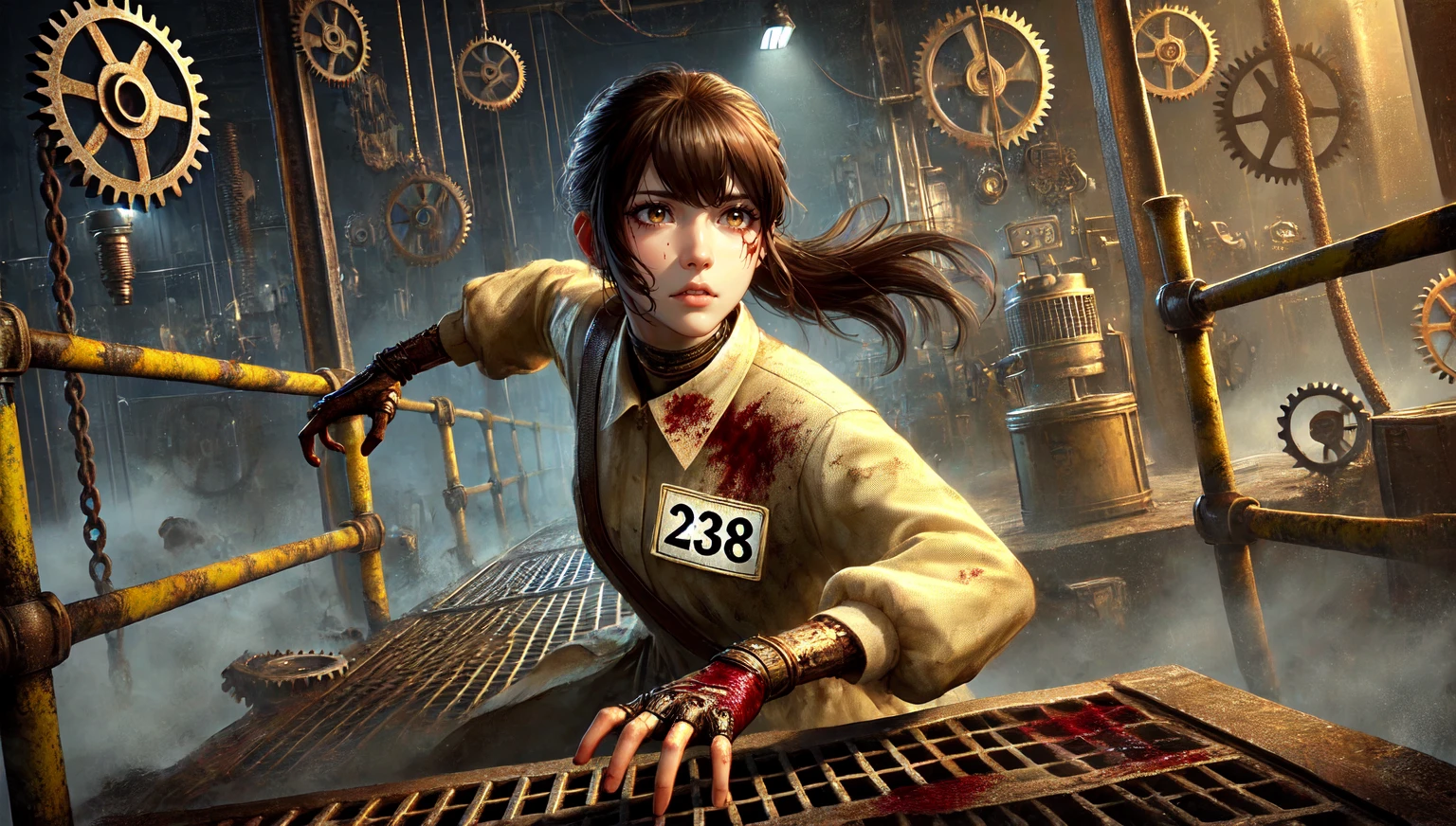 A high-resolution wide-format digital painting depicting a young woman known as '238' in a dynamic pose, severely wounded while dodging steampunk traps in a factory setting at night. She has dark, flawless skin, brown straight hair tied back, and an emotionless face with hazel eyes. Her Victorian-style beige shirt is torn and bloodied, showing her injuries, and prominently features a tag with the number '238' on it. She maneuvers through a hazardous environment filled with gears, steam, and mechanical traps under the cover of night. The background is very dark and ominous, intensifying the perilous atmosphere of the nocturnal factory