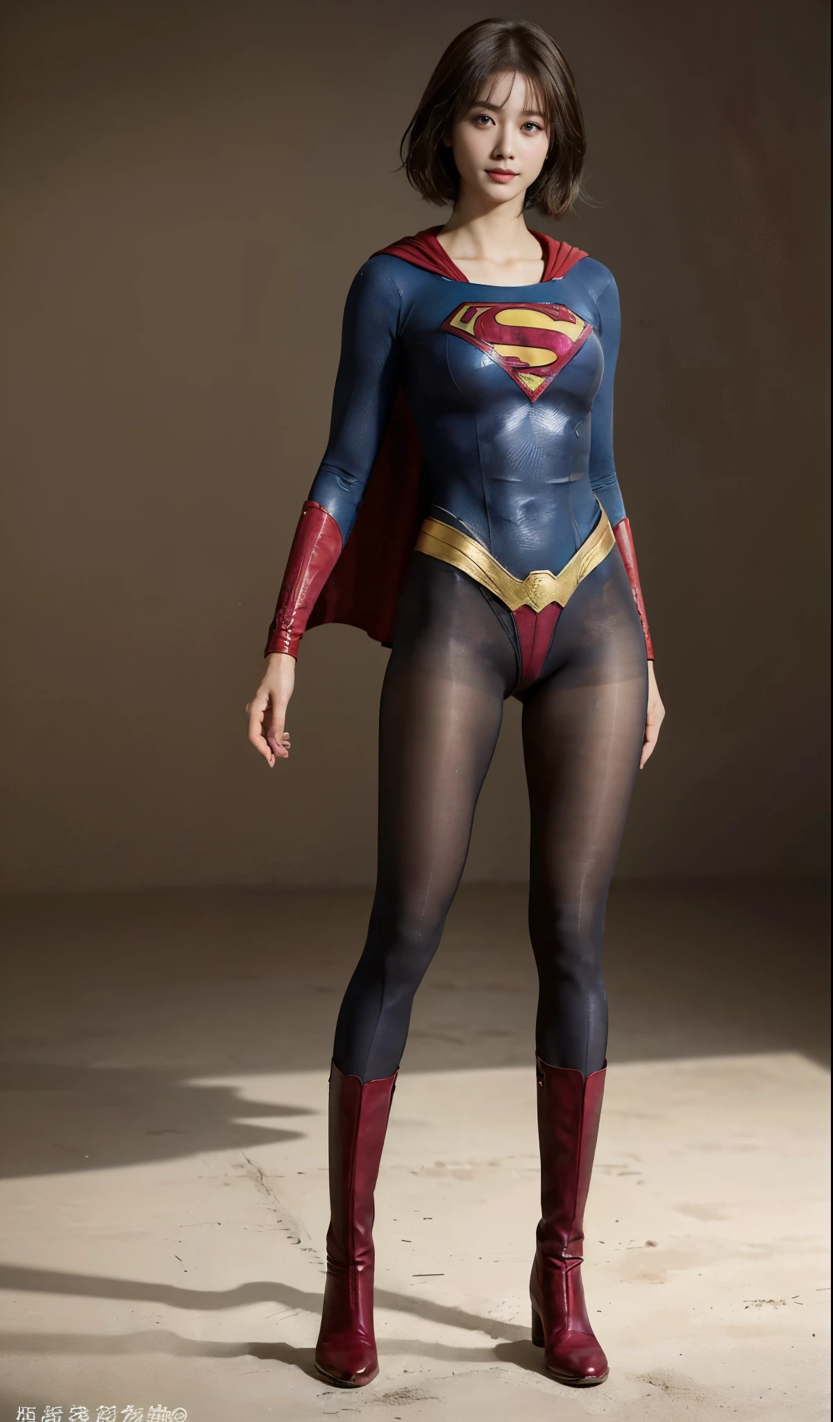 No background、(((Beautiful legs in black tights.)))、(((Legally express the beauty of your smile)))、((((Make the most of your original images)))、(((Supergirl Costume)))、(((Beautiful very short hair)))、(((suffering)))、(((Please wear black tights....、Wear red boots)))、((Best image quality、8K))、((Highest quality、8K、masterpiece:1.3))、(((Preserve background )))、Sharp focus:1.2、Beautiful woman with perfect figure:1.4、Slim Abs:1.2、Wet body:1.5、Highly detailed face and skin texture、8K