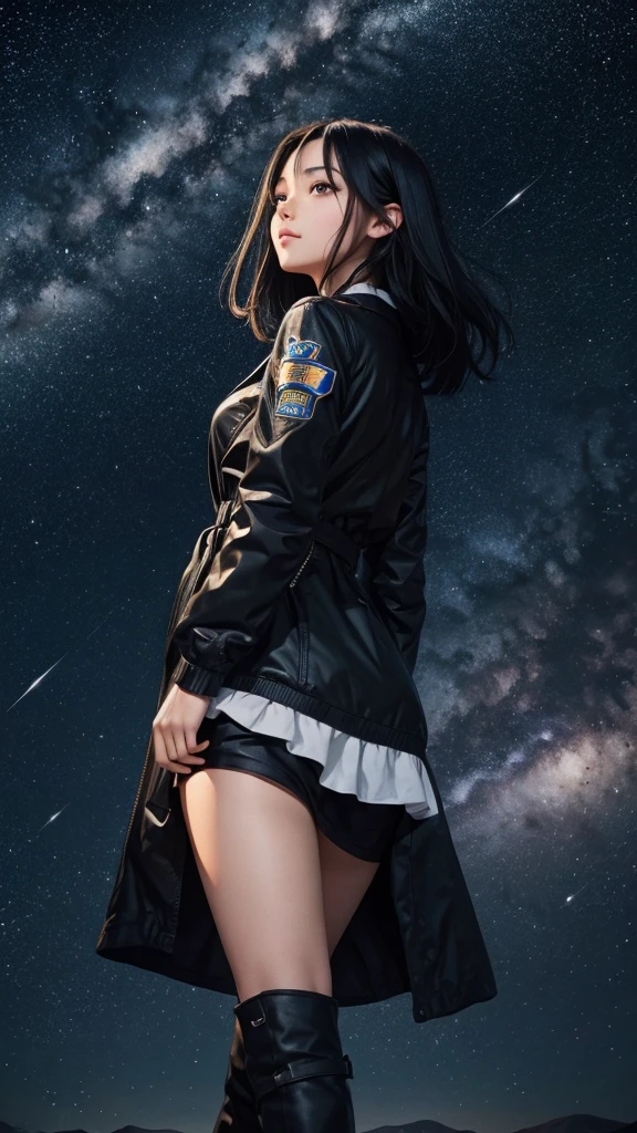 A beautiful black-haired girl surrounded by a multitude of shooting stars